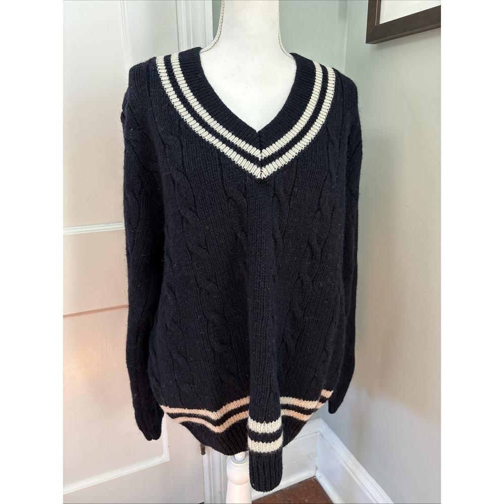 Brandy Melville Varsity Navy V-Neck Nikki Sweater Wool Blend Academia Medium